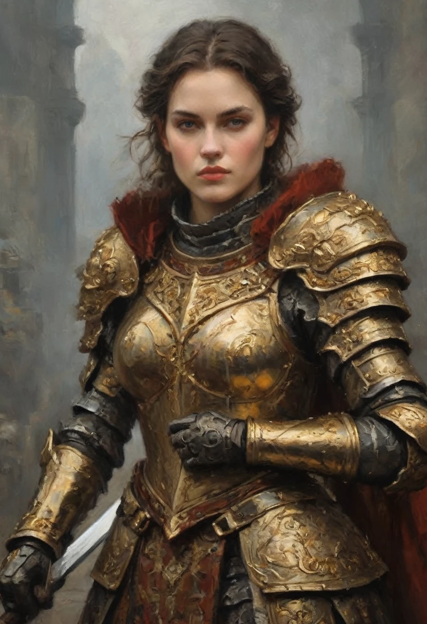 a close up of a woman in armor with a sword, stunning armor, wearing fantasy armor, very stylish fantasy armor, gold heavy armor. dramatic, beautiful armor, fantasy armor, black and gold armor, gothic armor, wearing ornate armor, intricate armour costumes, female armor, ornate gothic armor, ornate , wearing louis vuitton armor, girl in knight armor