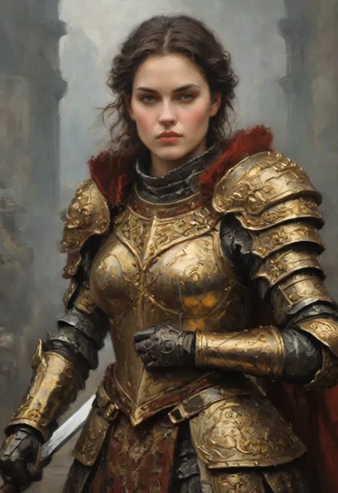 a close up of a woman in armor with a sword, stunning armor, wearing fantasy armor, very stylish fantasy armor, gold heavy armor...