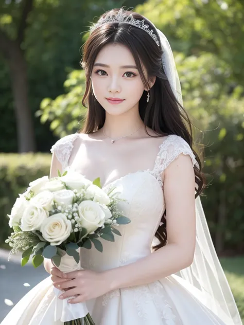 photo-realistic quality、a woman in a wedding dress holding a bouquet of flowers、standing in front of the church、20 year old japa...