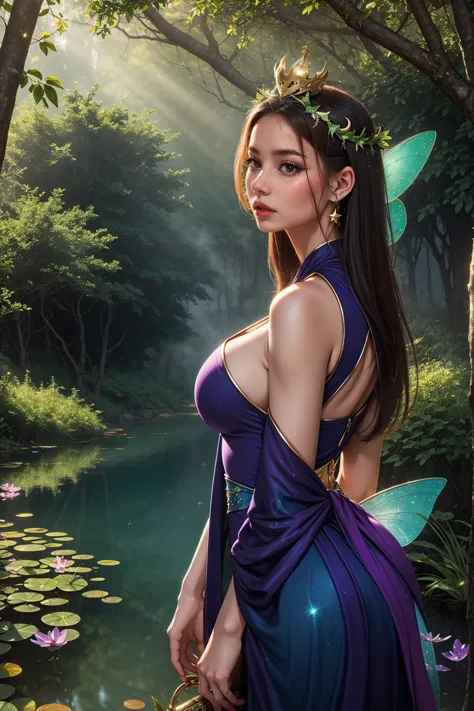 large bust,(fairy:1.2),(high resolution,best quality,like a dream,obsessed,in the forest,fairy),(vibrant colors,extremely detail...