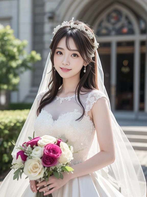 Photo-realistic quality、a woman in a Wedding dress holding a bouquet of flowers、Standing in front of the church、20 year old Japanese model、白のWedding dress,Hanae Mori style wedding dress、Japan idols at 20 years old、lace prom dresses、looking at the camera、Detailed and beautiful eyes、Cute smile、Relaxed and gentle expression、a close up of a woman in a Wedding dress holding a bouquet, Wedding dress, So magical and dreamy、Blur the background a lot、300ｍｍ F2.Shot with 8 lenses