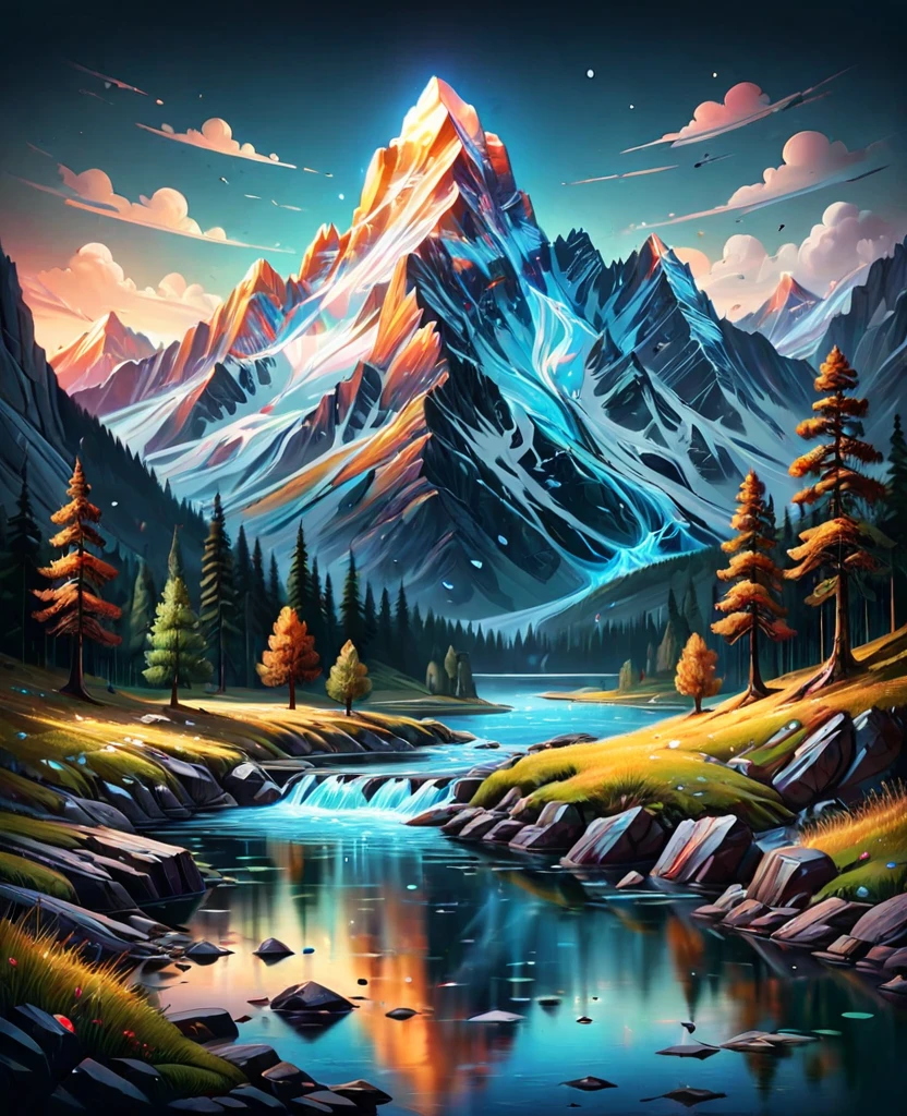 impressive painting of a mountain with trees and water, a detailed painting by Petros Afshar, shutterstock contest winner, environmental art, detailed painting, outlined art, 2d game art, isolated background for logo, strong contours, logo design