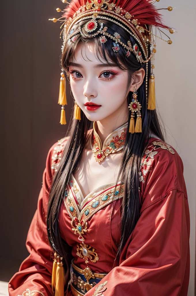 8k, RAW photo, best quality, masterpiece, realistic, photo-realistic, ultra detailed, 1 girl, chinese, OperaCrown, from front, looking at viewer, makeup, headdress,
