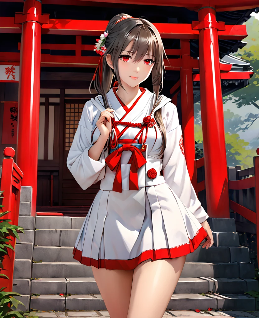 masterpiece, Highest quality, Highest quality,full body,ponytail,Shrine maiden,20-year-old,standing,Kantai Collection,Haruna,yandere,Red eyes,Sexy legs,Simple Background,Alluring, hoodie,