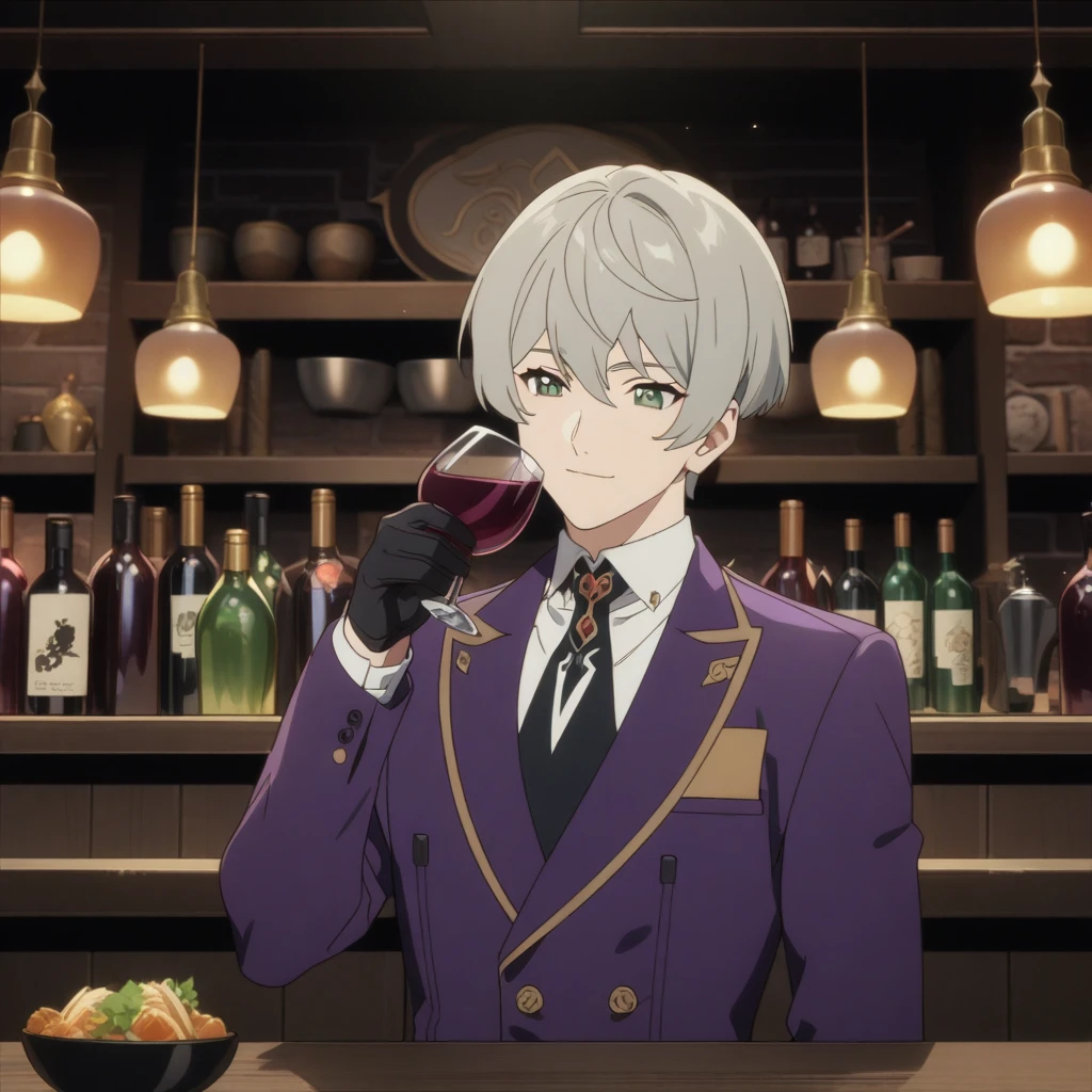 wise from zenless zone zero, 1boy, drinking wine, light grey hair, souma shiki hair, dark green eyes, front view, shoulder length hair, bowl cut hair , handsome face, purple suit, black gloves, bar background, upper body, decorative, masterpiece, high quality, hd, 4k, upper body, genshin artstyle, smiling