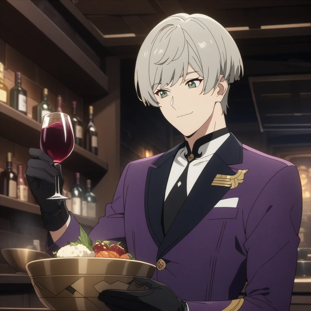 wise from zenless zone zero, 1boy, drinking wine, light grey hair, souma shiki hair, dark green eyes, front view, shoulder length hair, bowl cut hair , handsome face, purple suit, black gloves, bar background, upper body, decorative, masterpiece, high quality, hd, 4k, upper body, genshin artstyle, smiling