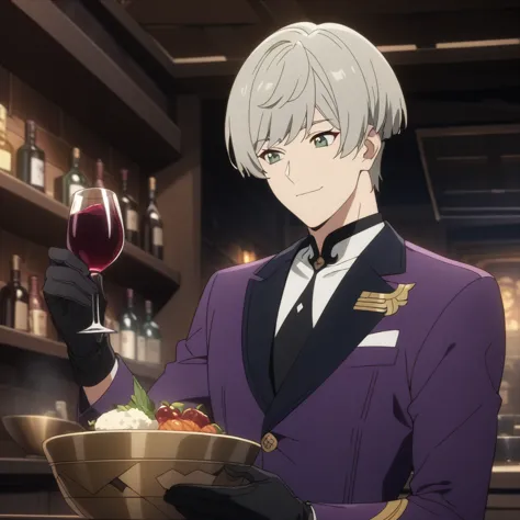 wise from zenless zone zero, 1boy, drinking wine, light grey hair, souma shiki hair, dark green eyes, front view, shoulder lengt...