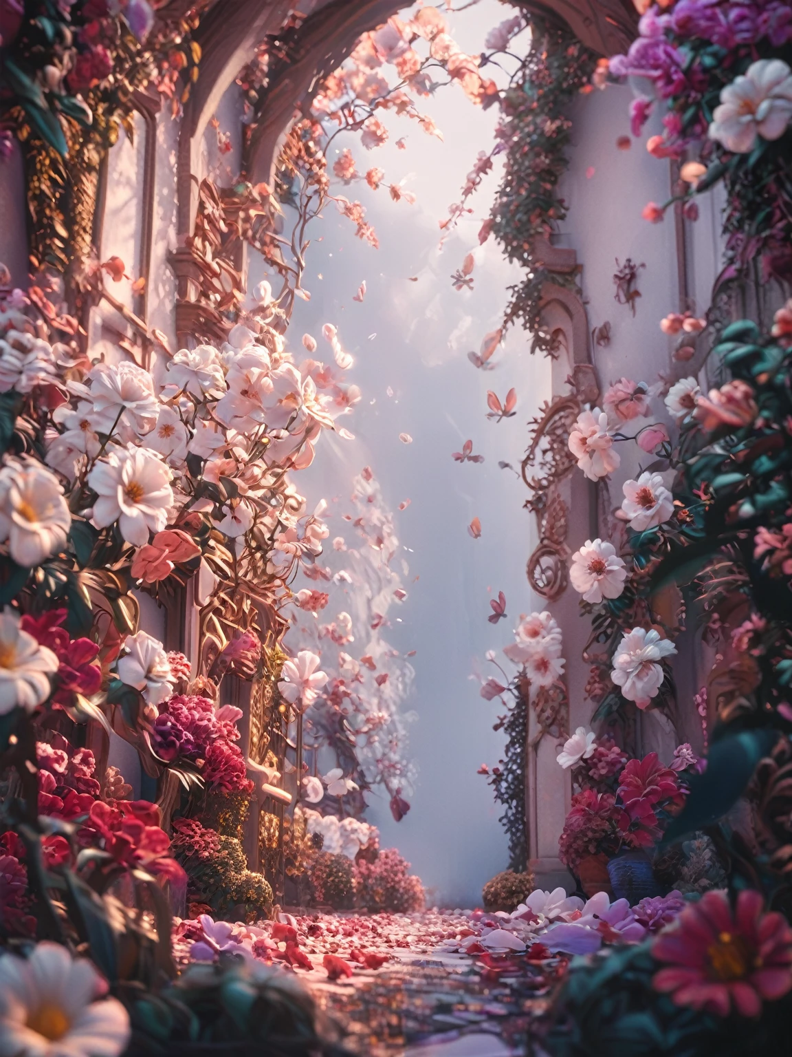 abstract, concept: a dream in full bloom, floral elements, big flowers, intricate, stunning, mimalist, white, subtle, classy, luxury, magical realm effect, enchanting, illustration, beauty of contrast color pairing, east meets west, juxtaposition, cinematic,    