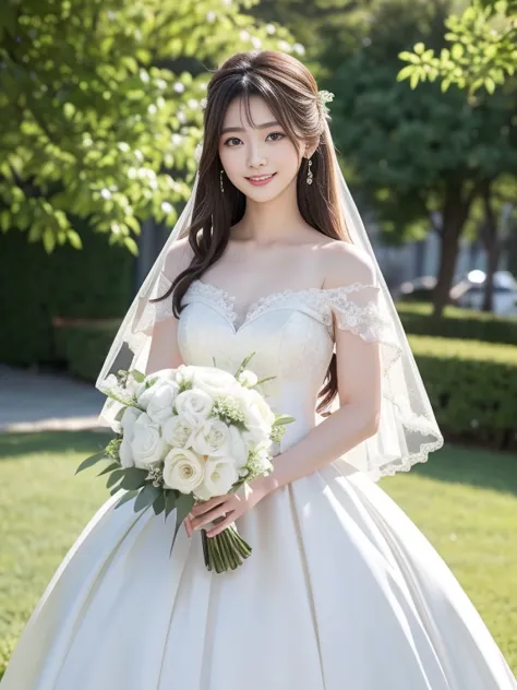 photo-realistic quality、a woman in a wedding dress holding a bouquet of flowers、standing in front of the church、20 year old japa...