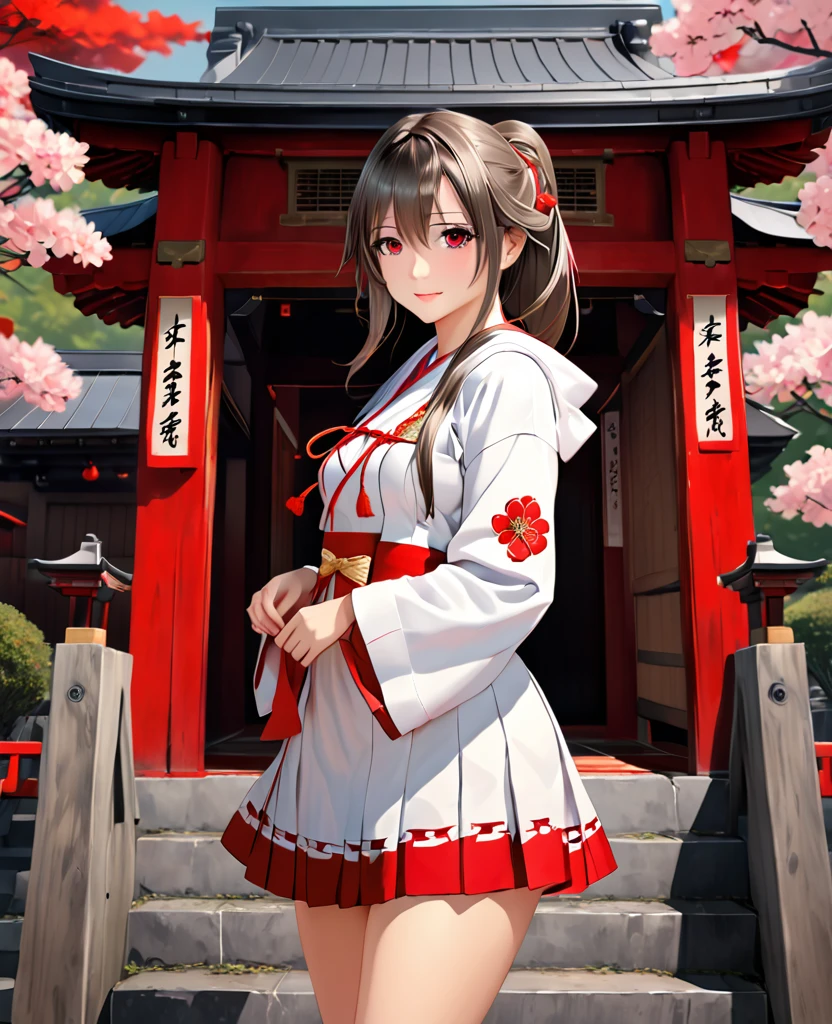 masterpiece, Highest quality, Highest quality,full body,ponytail,Shrine maiden,20-year-old,standing,Kantai Collection,Haruna,yandere,Red eyes,Sexy legs,Simple Background,Alluring, hoodie,