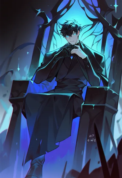 1boy, black hair, blue glowing eyes, black clothes and dull black cape, sung jin woo, sitting on black throne chair