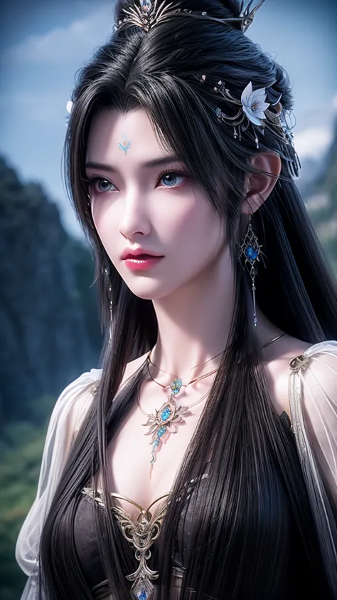 a medium-sized chest、close-up of a woman with very long hair, 4k detail fantasy, movie goddess close up shot, extremely detailed...