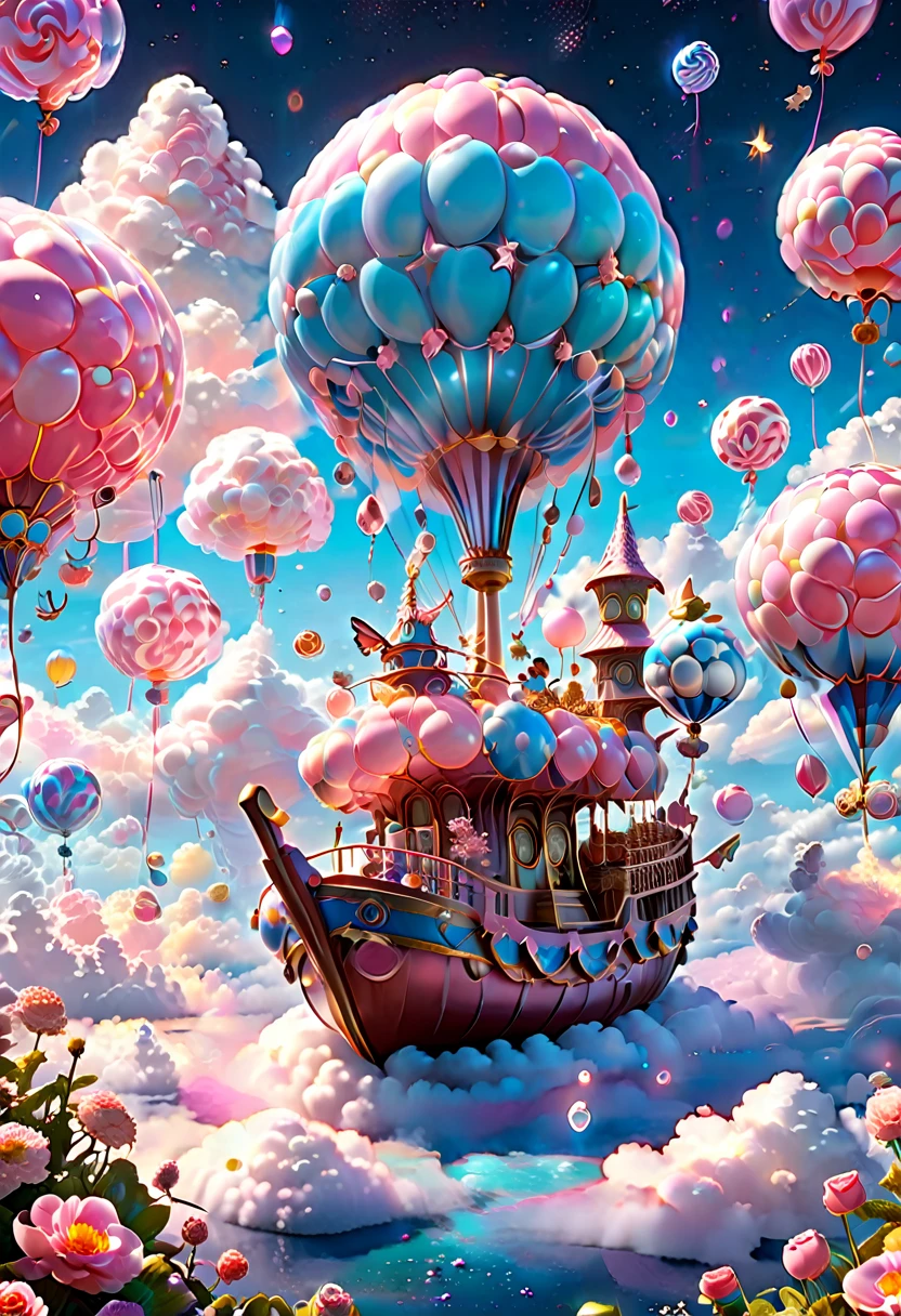 (Very unified cg scene design）,(character  design），( epic balloon ship floating in the clouds），pink and blue，starlights，rosette，butterflys，，like a dream，mystical lighting，4k detail，Dramatic light and shadow，like a dream，Beautiful lighting by Yoshitaka Amano at Studio Ghibli，3Drenderingof，c4d，Fantasyart，mirai，cartoony，