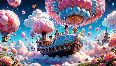 (very unified cg scene design）,(character  design），( epic balloon ship floating in the clouds），pink and blue，starlights，rosette，...