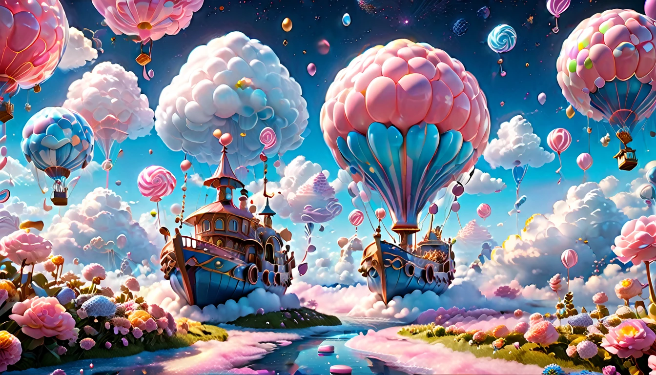 (Very unified cg scene design）,(character  design），( epic balloon ship floating in the clouds），pink and blue，starlights，rosette，butterflys，，like a dream，mystical lighting，4k detail，Dramatic light and shadow，like a dream，Beautiful lighting by Yoshitaka Amano at Studio Ghibli，3Drenderingof，c4d，Fantasyart，mirai，cartoony，