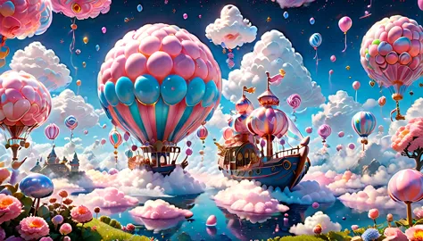 (very unified cg scene design）,(character  design），( epic balloon ship floating in the clouds），pink and blue，starlights，rosette，...