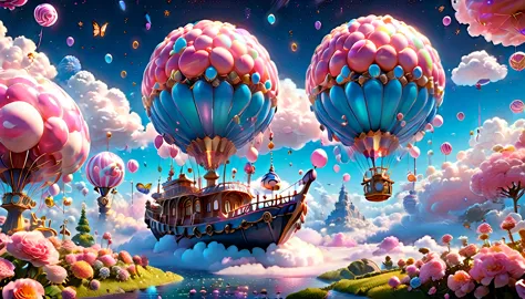 (very unified cg scene design）,(character  design），( epic balloon ship floating in the clouds），pink and blue，starlights，rosette，...