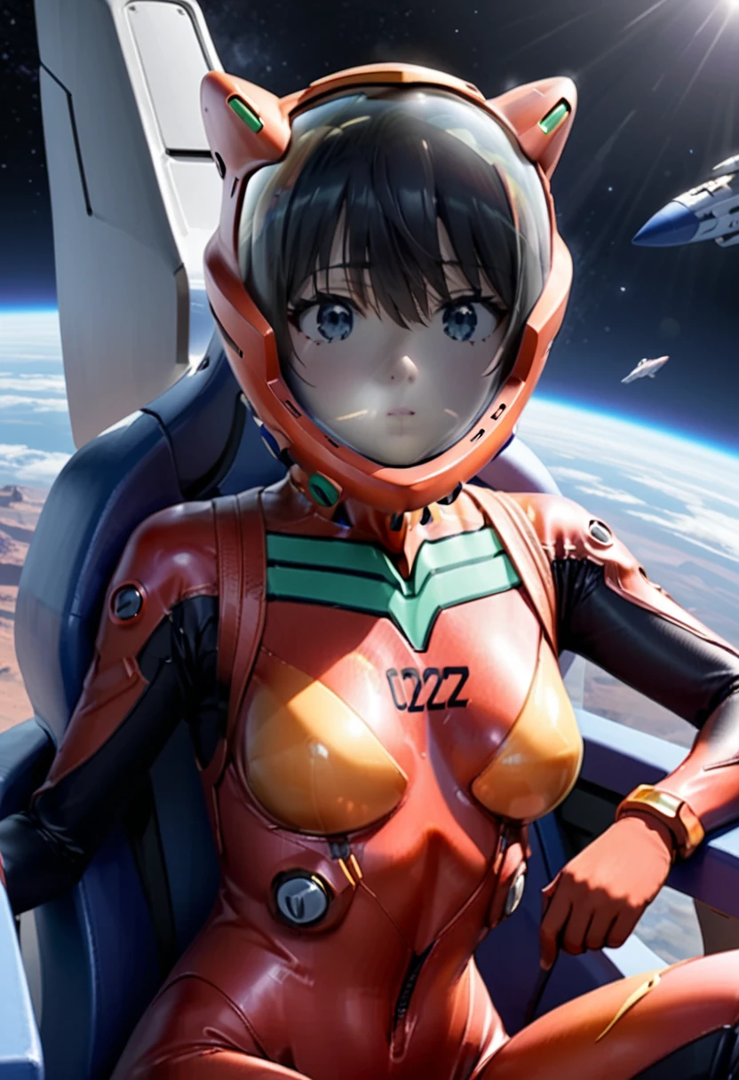 ( short hair, street, emo, BLACK hair, white eyes, eyeliner, apocalypse, girl, nside the (cockpit) of a (futuristic spaceship:1.6), , blush,sitting on a chair, covered navel, space helmet, muvluv, space helm, plugsuit , evangelion, helmet, eva helm,red bodysuit, short hair, ,upper body, 