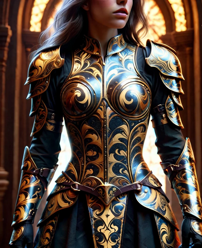 a close up of a woman in armor with a sword, stunning armor, wearing fantasy armor, very stylish fantasy armor, gold heavy armor. dramatic, beautiful armor, fantasy armor, black and gold armor, gothic armor, wearing ornate armor, intricate armour costumes, female armor, ornate gothic armor, ornate , wearing louis vuitton armor, girl in knight armor