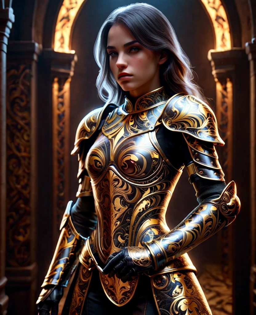 a close up of a woman in armor with a sword, stunning armor, wearing fantasy armor, very stylish fantasy armor, gold heavy armor. dramatic, beautiful armor, fantasy armor, black and gold armor, gothic armor, wearing ornate armor, intricate armour costumes, female armor, ornate gothic armor, ornate , wearing louis vuitton armor, girl in knight armor