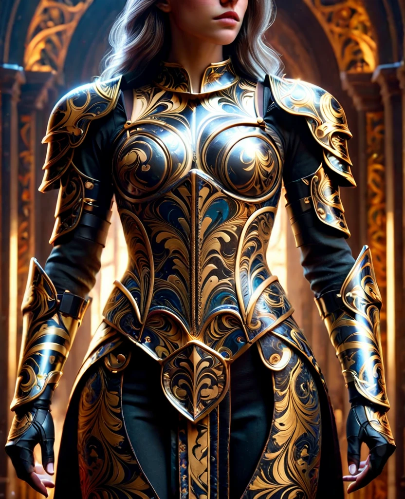 a close up of a woman in armor with a sword, stunning armor, wearing fantasy armor, very stylish fantasy armor, gold heavy armor. dramatic, beautiful armor, fantasy armor, black and gold armor, gothic armor, wearing ornate armor, intricate armour costumes, female armor, ornate gothic armor, ornate , wearing louis vuitton armor, girl in knight armor