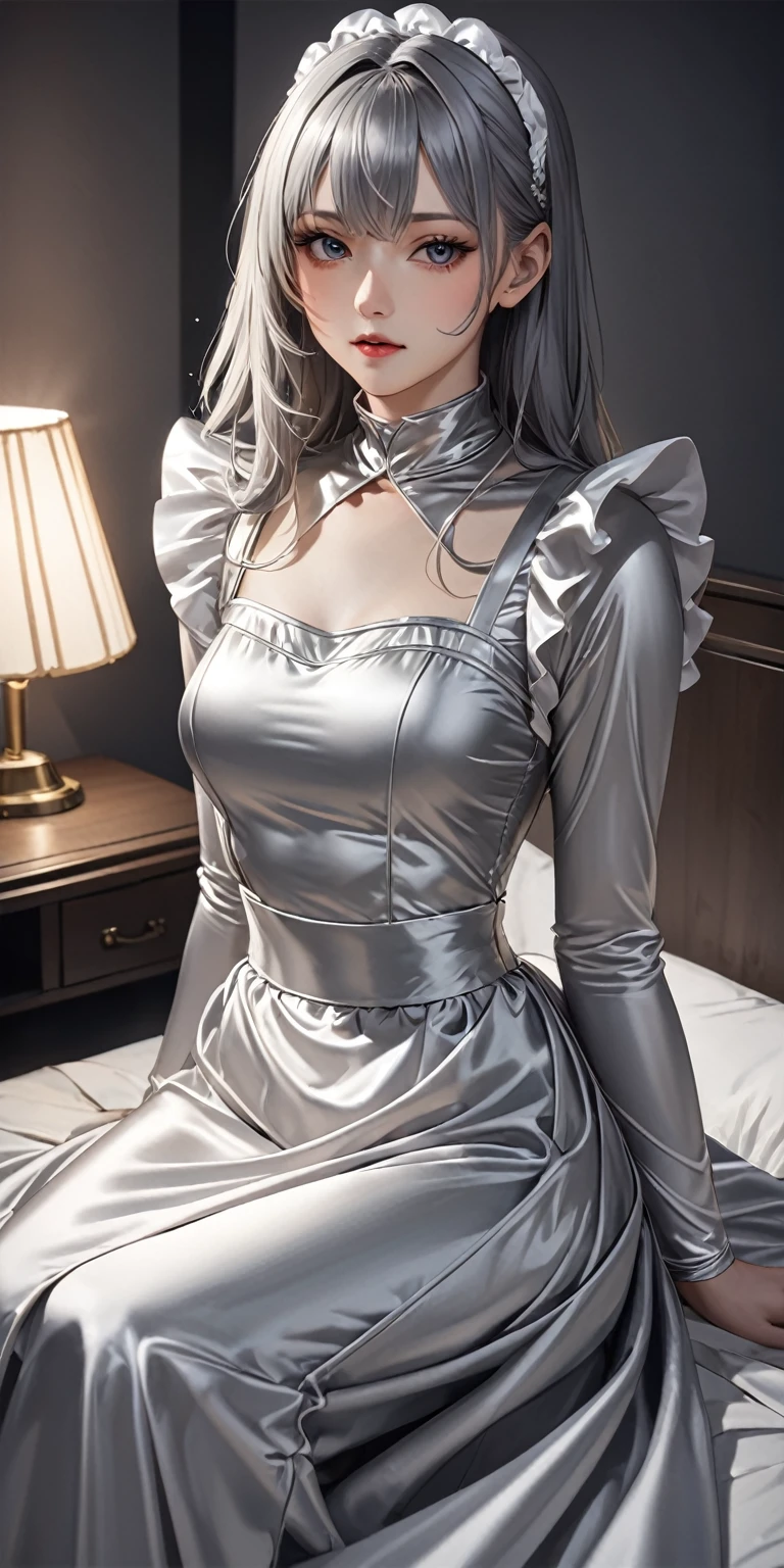 Portraiture、(masterpiece,Highest quality,Ultra-high resolution),Japanese women, (((Very beautiful 25 year old girl)))、(She is wearing a shiny light silver satin long sleeve maid outfit..)、The dress has a simple design without any patterns....、(((A long skirt made of pale silver satin.)))、Pale silver satin gloves、((Pale silver satin bodysuit))、Sitting on a bed in a dark room