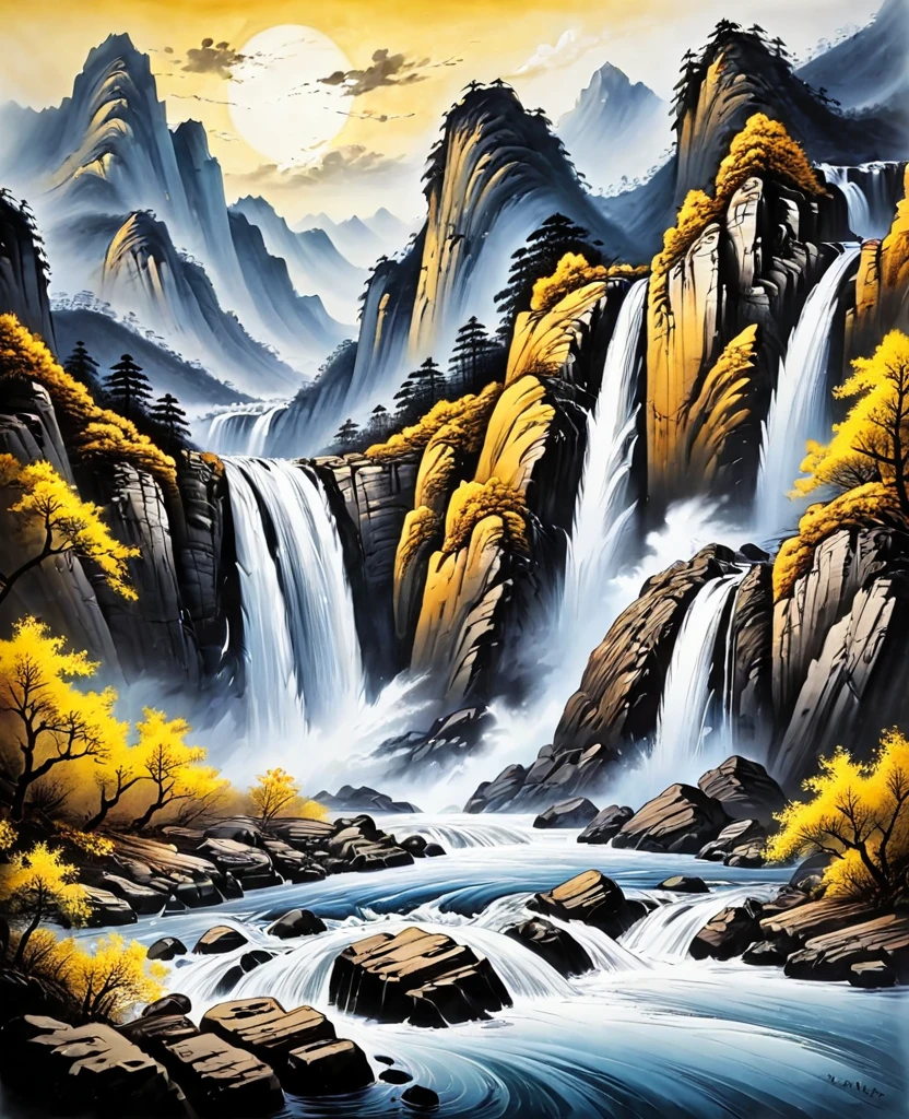 (Masterpiece, best quality: 1.2), traditional Chinese ink painting, large waterfall between mountains, rough waves, Yellow River, grandeur
