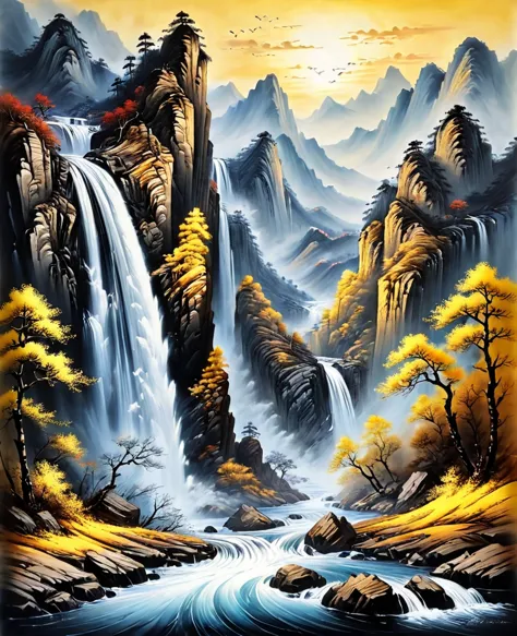 (masterpiece, best quality: 1.2), traditional chinese ink painting, large waterfall between mountains, rough waves, yellow river...