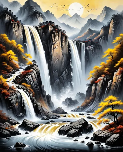 (masterpiece, best quality: 1.2), traditional chinese ink painting, large waterfall between mountains, rough waves, yellow river...