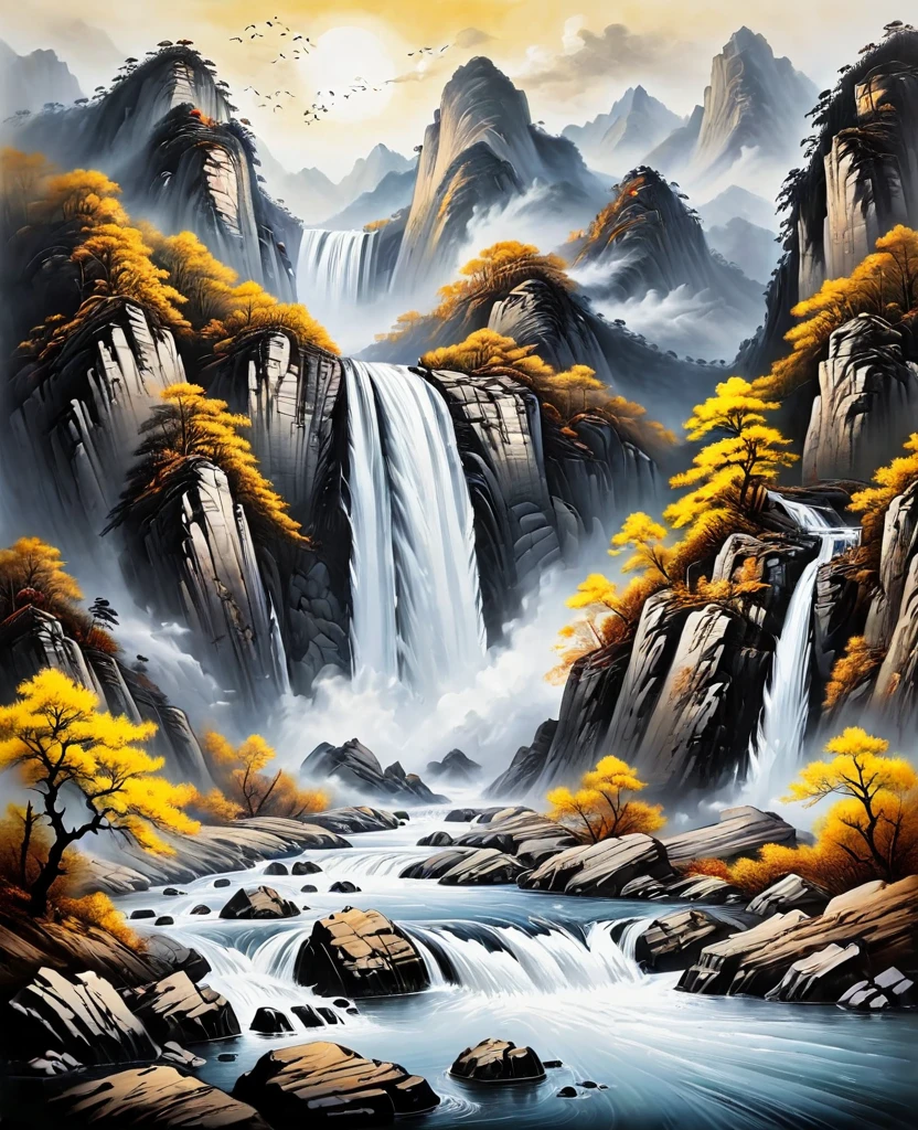 (Masterpiece, best quality: 1.2), traditional Chinese ink painting, large waterfall between mountains, rough waves, Yellow River, grandeur
