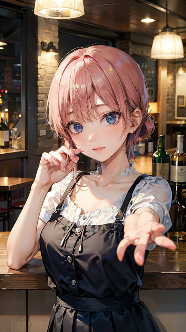 A girl drinking at a bar、OL、Cute gestures、Cute hairstyle（random）、randomな色のブラウス、sex appeal