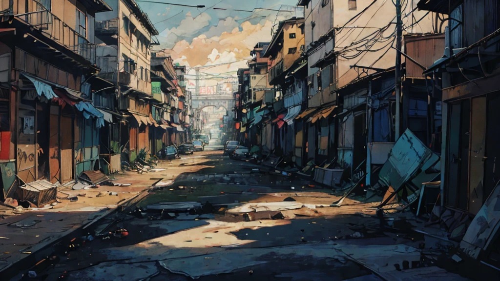 expressive digital painting, City of São Paulo, shanty town, pollution, junk, streets , narrow street, Substances, Becos,visual chaos, Larger view, antennae (panoramic image from far away) intricate details, vertical composition, Interlaced electrical wires, COHAB,