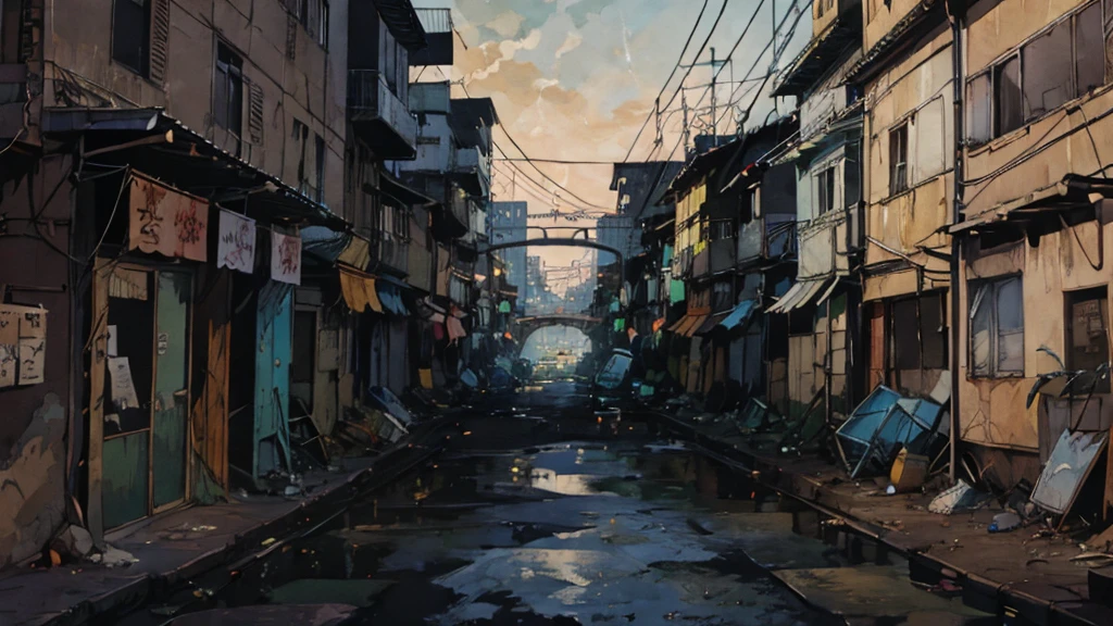 expressive digital painting, City of São Paulo, shanty town, pollution, junk, streets , narrow street, Substances, Becos,visual chaos, Larger view, antennae (panoramic image from far away) intricate details, vertical composition, Interlaced electrical wires, COHAB,