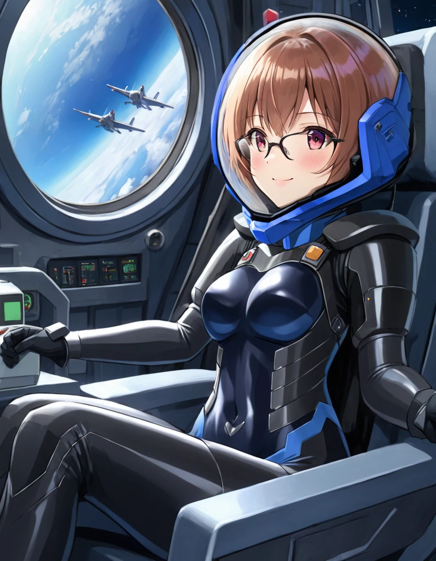 ((Female pilot in the cockpit of reconnaissance plane), (airplane cockpit), (in flight), (10,000 feet altitude)、(空of景色):1.7),, short hair, street, Emo, ピンクof髪, White eyes, eyeliner, Apocalypse, 女of子, internal (cockpit:1.9) of (Futuristic spaceship:1.6), , blush,Sit on a chair, Covered navel, Space Helmet, Mvrów, Space Helm, Plug Suit , Space Helmet, Eva Helm, Spacesuit, short hair, From the side, smile, Glasses