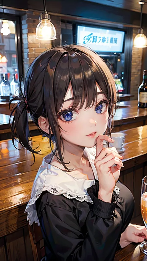 a girl drinking at a bar、ol、cute gestures、cute hairstyle（random）、cute outfits（random）、sex appeal、black hair