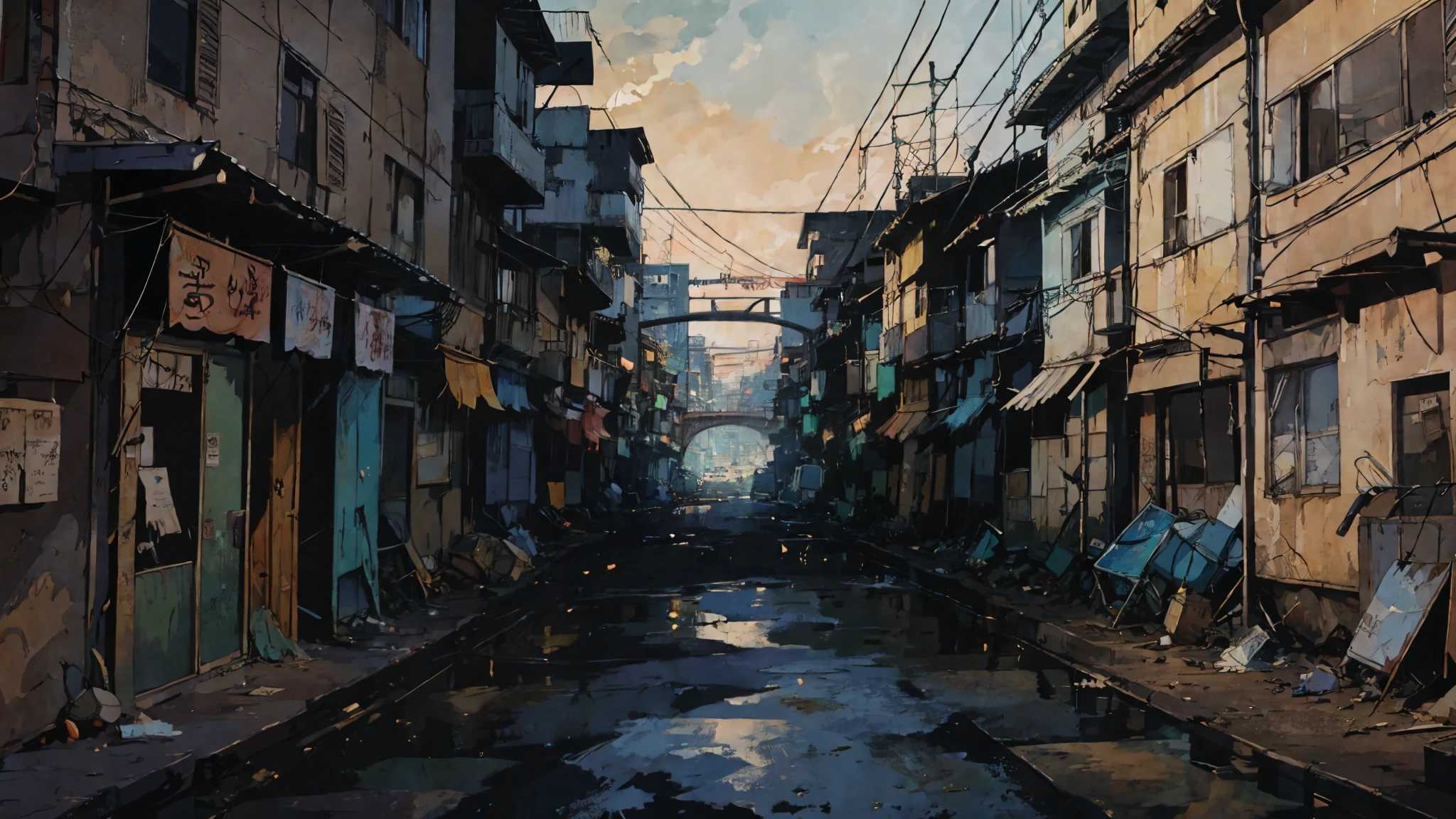 expressive digital painting, City of São Paulo, shanty town, pollution, junk, streets , narrow street, Substances, Becos,visual chaos, Larger view, antennae (panoramic image from far away) intricate details, vertical composition, Interlaced electrical wires, COHAB,