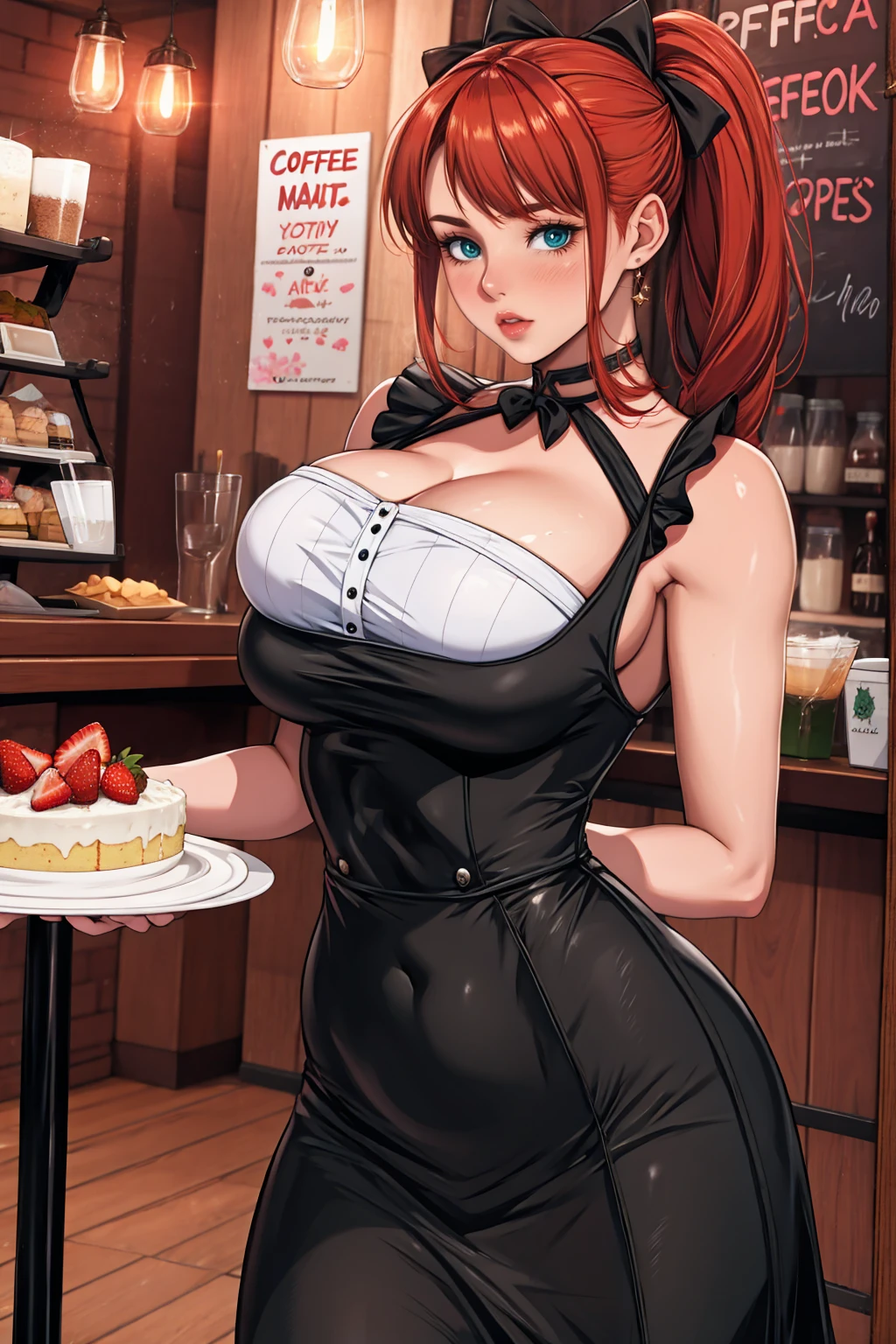 Promotional photos, The place is a coffee shop, 1 girl, 16 year old face, The waitress brought the cake to the table, Redhead with double ponytail, Gentle face, Strawberry pattern gothic lolita half-length maid costume, White-based clothes,Big Breasts,milf