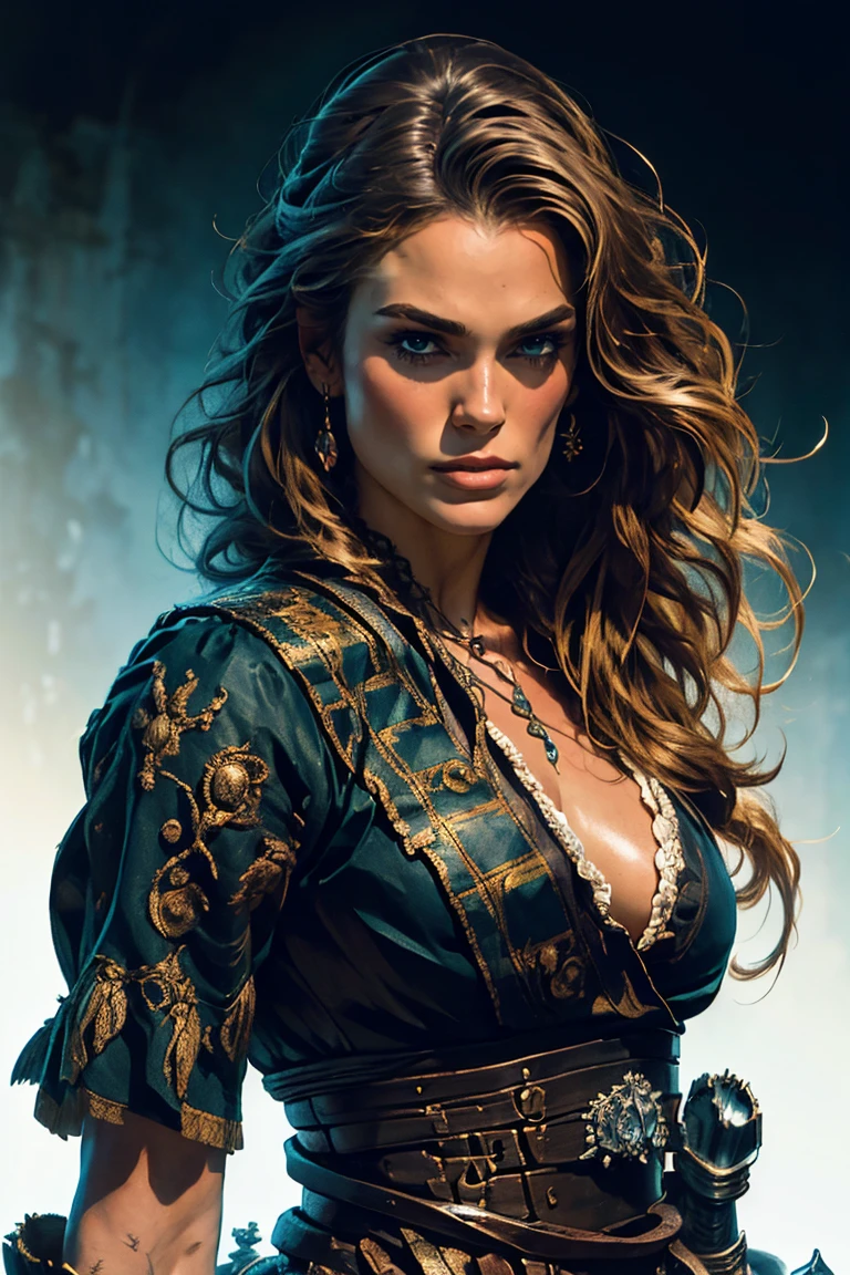 Keira Knightley as Elisabeth Swann from the movie Pirates of the Caribbean, highly detailed cinematic illustration, black outlining, full color illustration, vivid colors, white background, in the style of Boris Vallejo & Julie Bell, masterpiece, 8k, ultra-detailed, physically-based rendering, vivid colors, dramatic lighting, intricate background, photorealistic