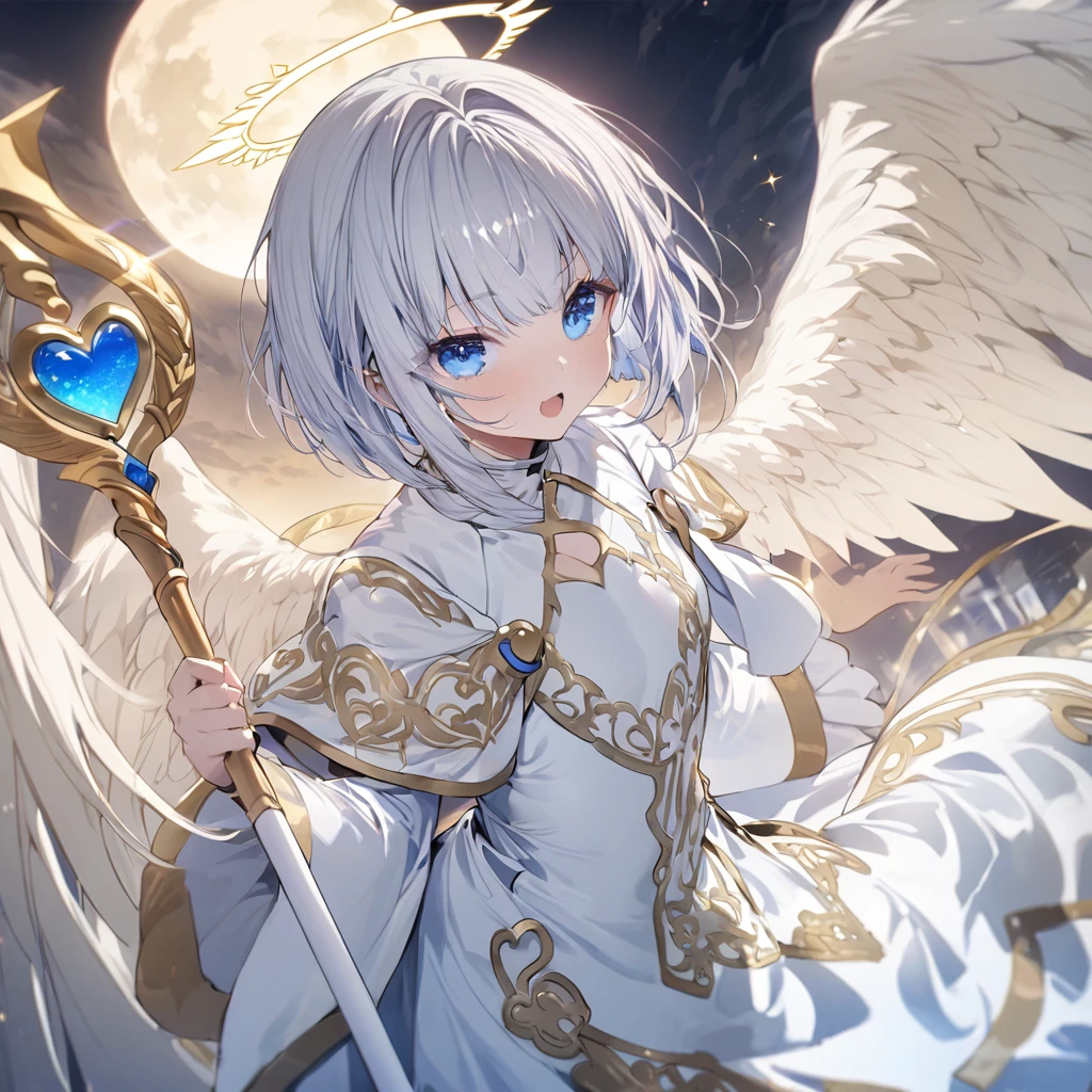 Silver Hair Bob Cut、Heart-shaped sunglasses、Pegasus、White long coat、Gold embroidery、Staff of Light Wings、Angel Halo、full moon、masterpiece, blue eyes、juvenile