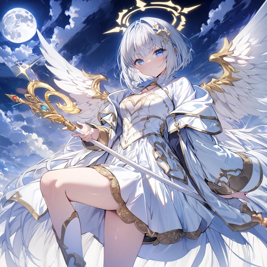 Silver Hair Bob Cut、Heart-shaped sunglasses、Pegasus、White long coat、Gold embroidery、Staff of Light Wings、Angel Halo、full moon、masterpiece, blue eyes、juvenile