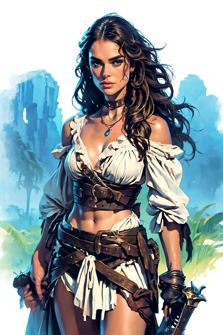 Keira Knightley as Elisabeth Swann from the movie Pirates of the Caribbean, highly detailed cinematic illustration, black outlining, full color illustration, vivid colors, white background, in the style of Boris Vallejo & Julie Bell, masterpiece, 8k, ultra-detailed, physically-based rendering, vivid colors, dramatic lighting, intricate background, photorealistic