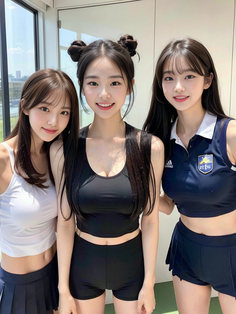 (A group of super cute Korean schoolgirls take a commemorative photo wearing Hummel sportswear:1.2)(Laughing out loud:1.2)(Sweating profusely:1.1)(16K, RAW Photos, Highest quality, masterpiece: 1.2),(Her shiny, beautiful black hair in a bun sways softly in the wind.:1.1) Super detailed, Super Resolution, (Genuine, Genuine photos: 1.37), Portraiture, High-resolution RAW color photos, Professional photos, Very detailed, 8k wallpaper, Very detailed CG Unity 8k wallpaper, Very detailed beautiful girls, Very detailed faces, ((whole body)), beautiful woman, Huge breasts,(huge boobs:1.1) (Big Boobs:1.1), beautiful schoolgirl (See-through wet gym clothes),high school girl, Korean Girls,(K-POP Female Idols), (Idol-class beauty)(Beautiful high school girl:1.1)(Indoor gymnasium)((15 years old)(Date:1.2)(Group photo)Headband)(trio)(Sweaty skin:1.2)