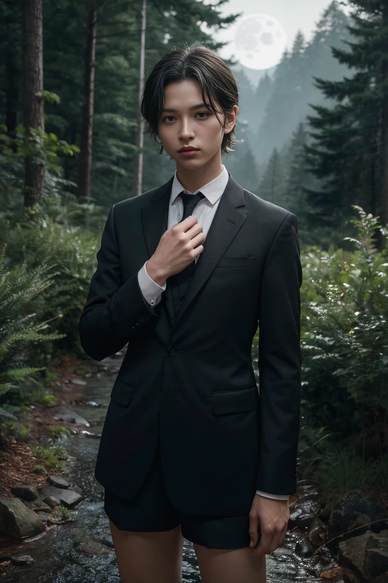 (best quality, masterpiece, highres:1.2), beautiful:1.5, black suit, black short hair:1.5, under the moonlight in a deep forest, no one around, looking at the viewer,symmetrical eyes, at night, holding a sword in his hand