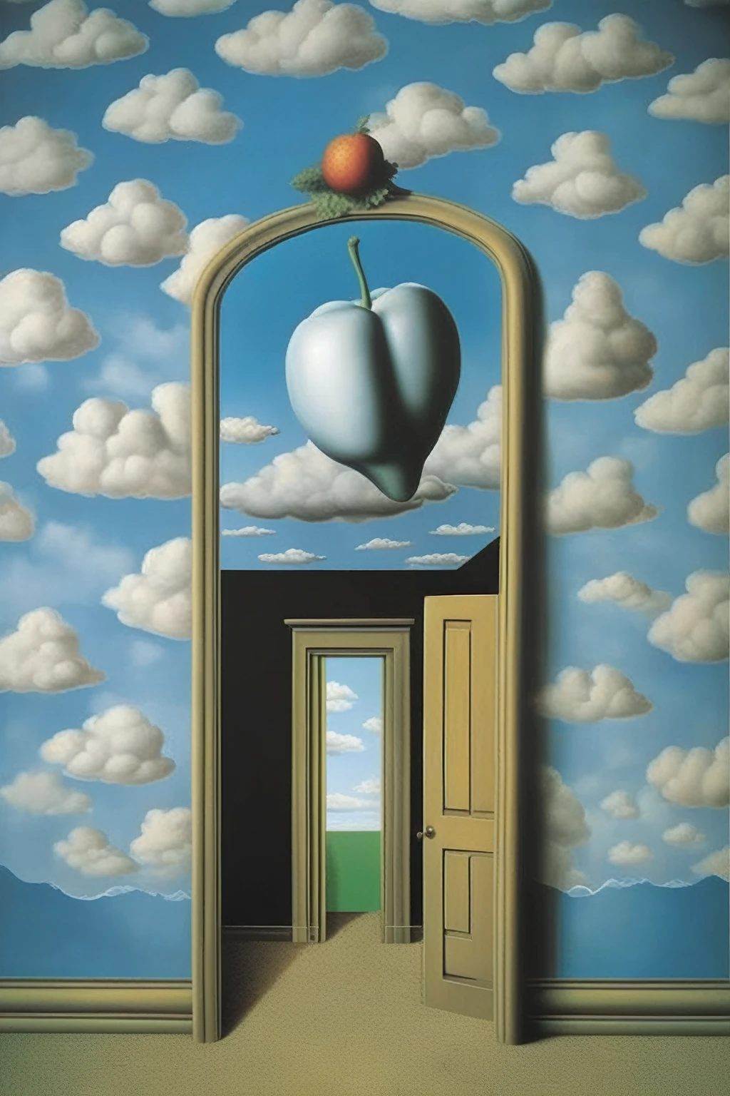 René Magritte style - Create a René Magritte-esque trompe l'oeil design, A renowned Belgian Surrealist painter known for dreamlike imagery and suggestive juxtapositions. Designs should incorporate elements of the everyday world, household, Using trompe l'oeil techniques to create a sense of mystery and intrigue, fantasy