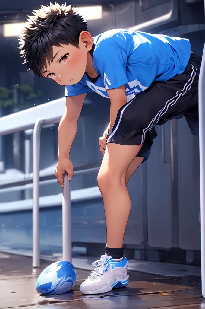 (Shota:1.5),(((Highest quality))),(((masterpiece))),(((Very detailed))),(((High resolution))),One person,T-Shirts,Short shorts,((Soccer uniforms)),White socks,Blue sneakers,12 years old,Japanese,Buzz Cut,(((Spiked Hair))),Black Hair,(Point pupils),Baby Face,Beautiful face,