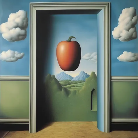 rené magritte style - create a rené magritte-esque trompe l'oeil design, a renowned belgian surrealist painter known for dreamli...