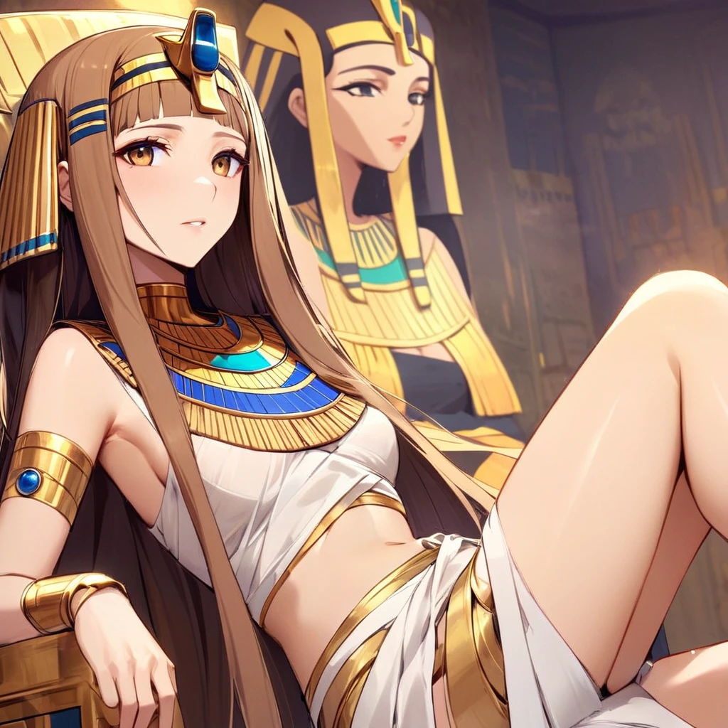 ((Highest quality)), ((masterpiece)), (detailed), （Perfect Face）、The woman with the face of Tutankhamun in ancient Egypt is Asuna Yuuki with bright brown hair, semi-long hair, and a magnificent Tutankhamun face wearing a Tutankhamun hat. Her face is completely Tutankhamun and she is wearing clothes like Cleopatra.、The woman is dressed as Tutankhamun of ancient Egypt.、A woman sits on an ancient Egyptian throne and reigns with the golden face of Tutankhamun