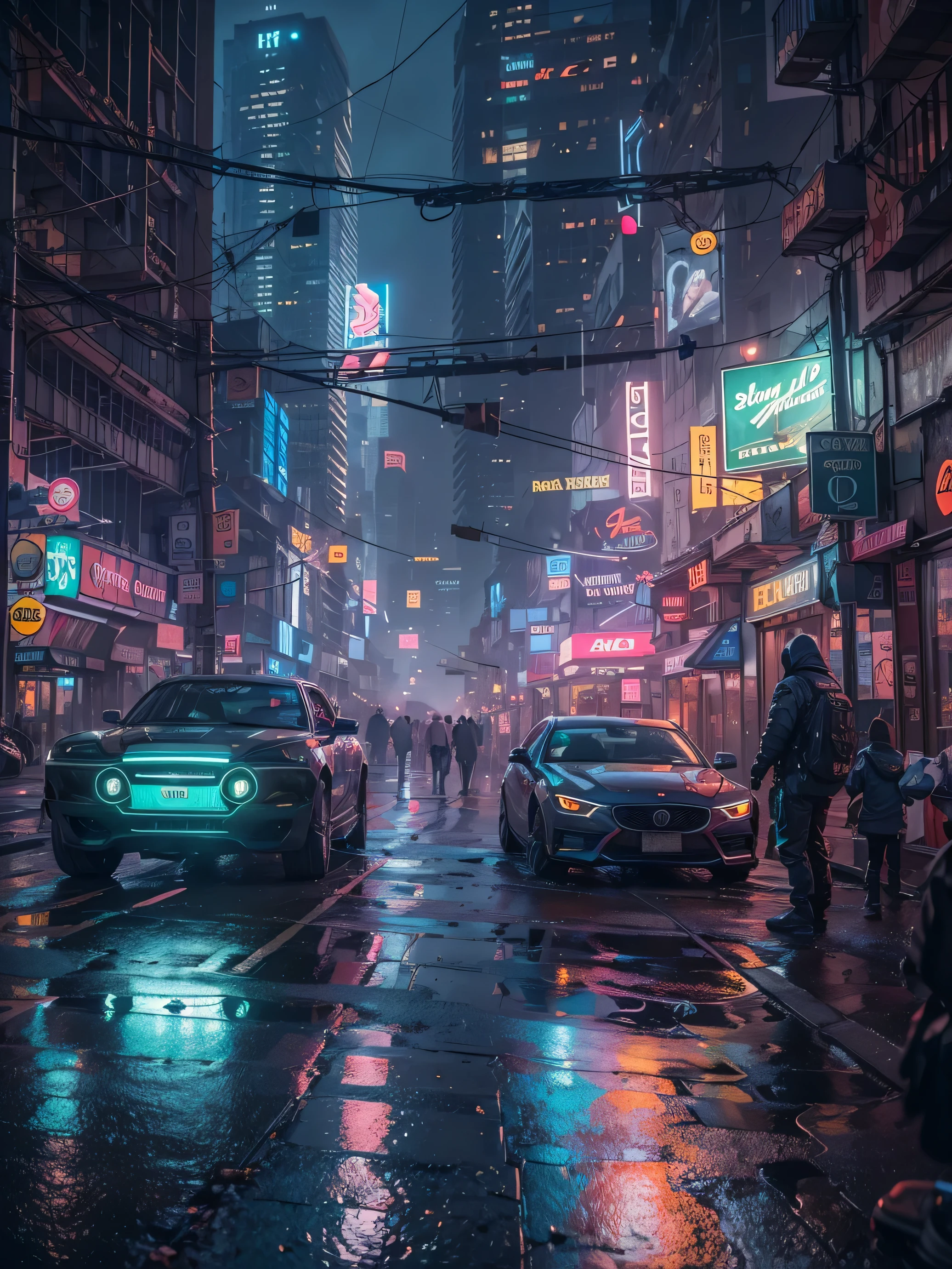 (((Masterpiece))),high resolution,realistic details,sharp focus, hyper-realistic landscape photo of a dystopian New York City set in the year 2527, cyberpunk. The cityscape should feature futuristic skyscrapers going through the clouds with sharp details, illuminated by vibrant neon lights and holograms. Capture the scene from a street-level perspective during a dark and rainy night. The atmosphere should convey a bustling yet ominous mood, highlighting the contrast between the dystopian environment and advanced technology, super futuristic cars, flying cars.(Very detailed: 1.3),4k