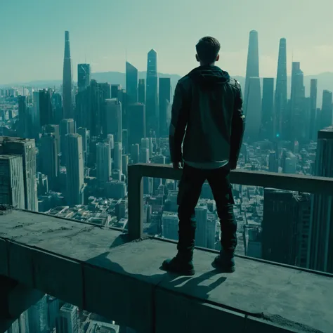 cinematic film still of  a man are standing on a ledge in a future的な city,vionic,transhuman,dystopia,dystopian,kaktopia,sf,high ...