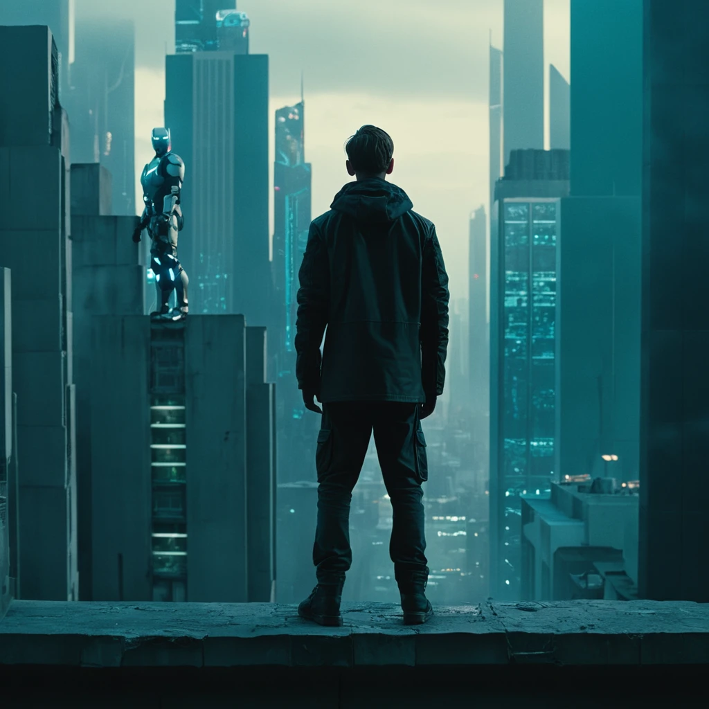 cinematic film still of  a man Are standing on a ledge in a future的な city,Vionic,Transhuman,Dystopia,Dystopian,Kaktopia,sf,high tech,Low lifespan,Societal Collapse,artificial,Posthuman,future,future的な,artificial intelligence,cyborg,Genetically Enhanced Humans,sf,Cyberpunk Style,alone,One boy,Are standing,Men&#39;s Center,Outdoor,null,From behind,night,building,scenery,sf,city,handrail,silhouette,cityscape,Wide Shot,nullscraper,city lights,Neon Light , Cyberpunk Style, Shallow depth of field, Vignette, Very detailed, High budget, Bokeh, CinemaScope, Sulky, amazing, nice, Film Grain, granular